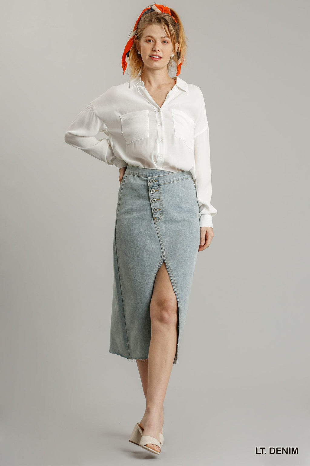 Asymmetrical Waist and Button Up Front Split Denim Women Skirt With Back Pockets And Unfinished Hem