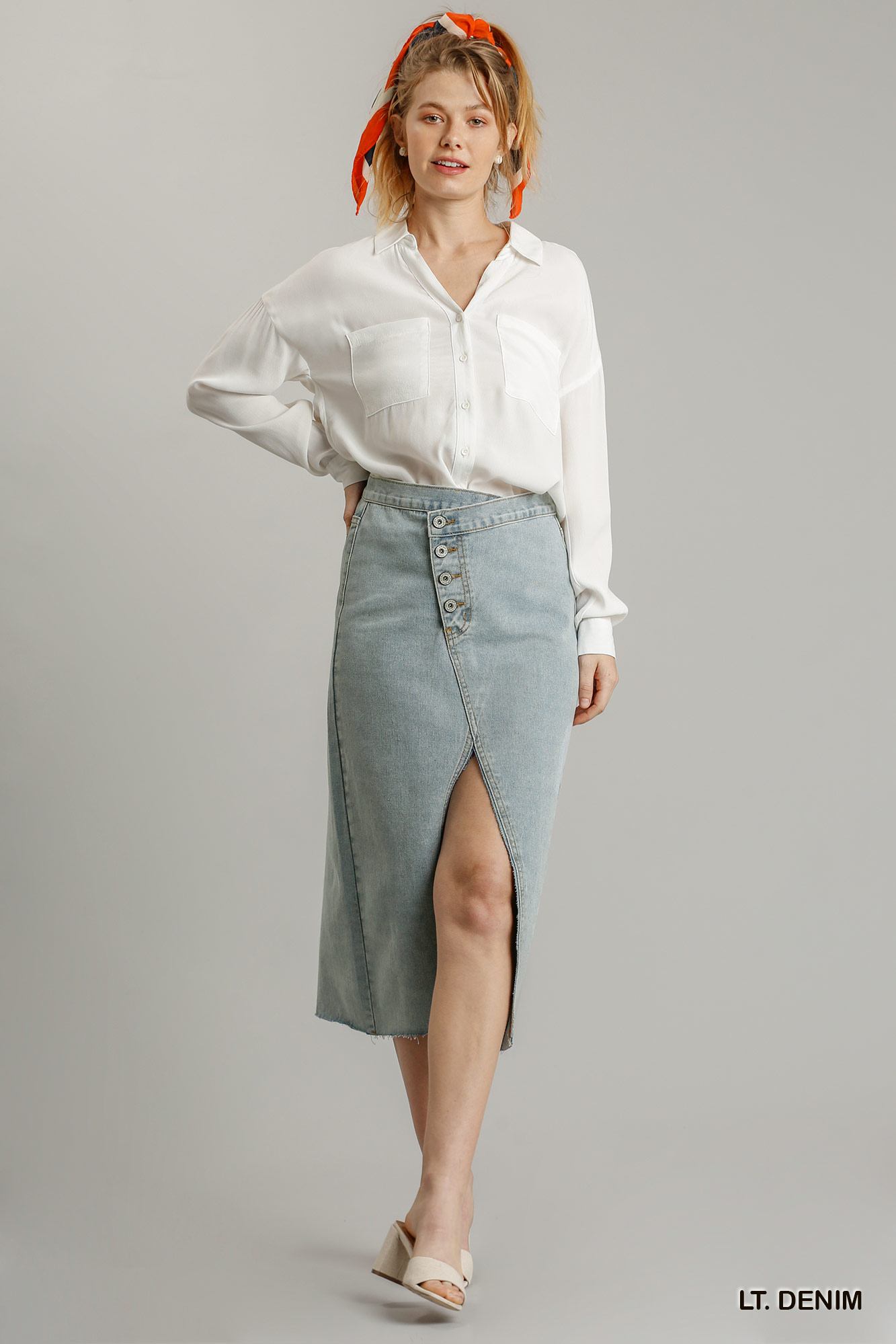 Asymmetrical Waist and Button Up Front Split Denim Women Skirt With Back Pockets And Unfinished Hem
