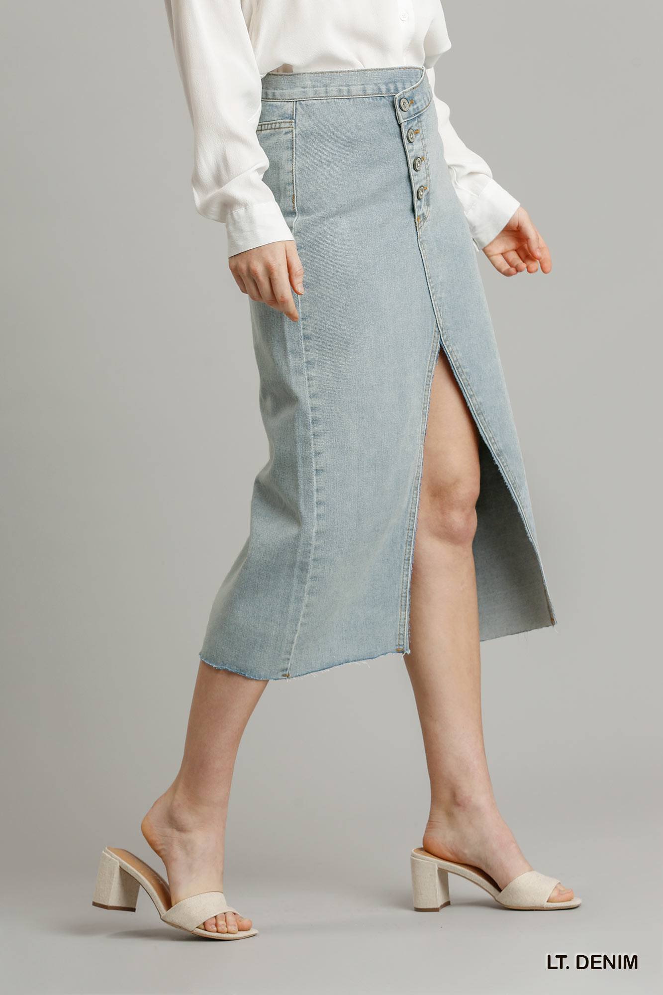 Asymmetrical Waist and Button Up Front Split Denim Women Skirt With Back Pockets And Unfinished Hem