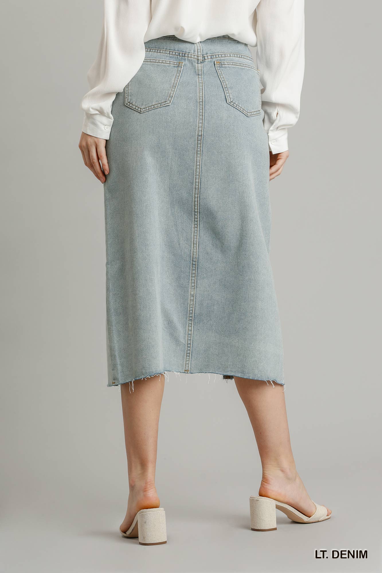 Asymmetrical Waist and Button Up Front Split Denim Women Skirt With Back Pockets And Unfinished Hem