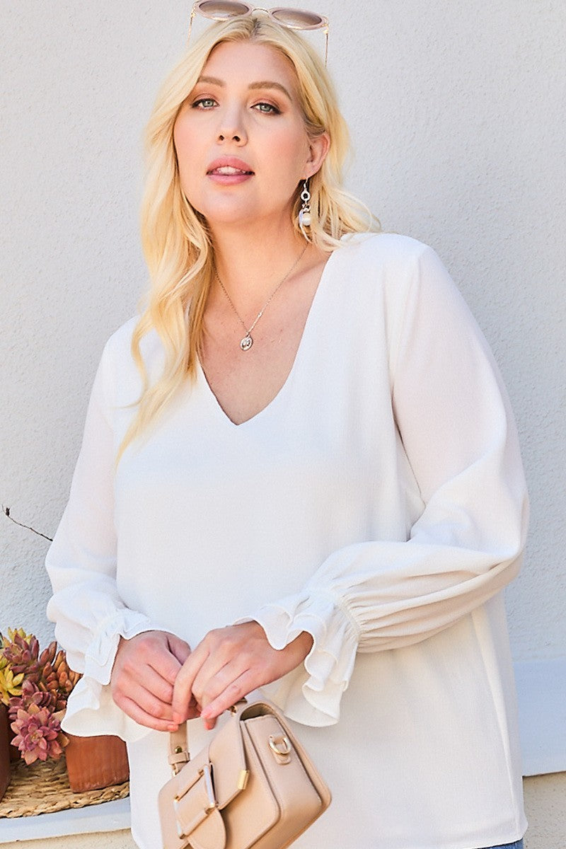 V Neck Tier Ruffle Sleeve Top Plus