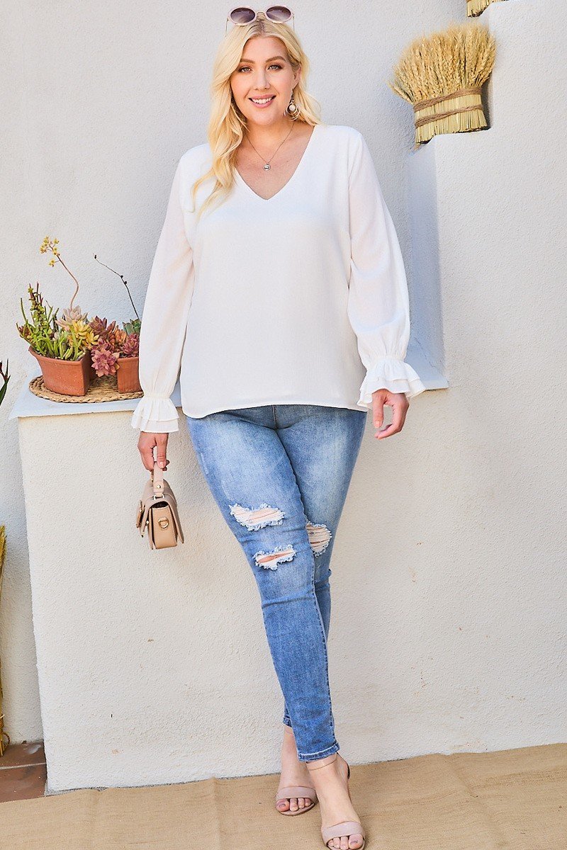V Neck Tier Ruffle Sleeve Top Plus