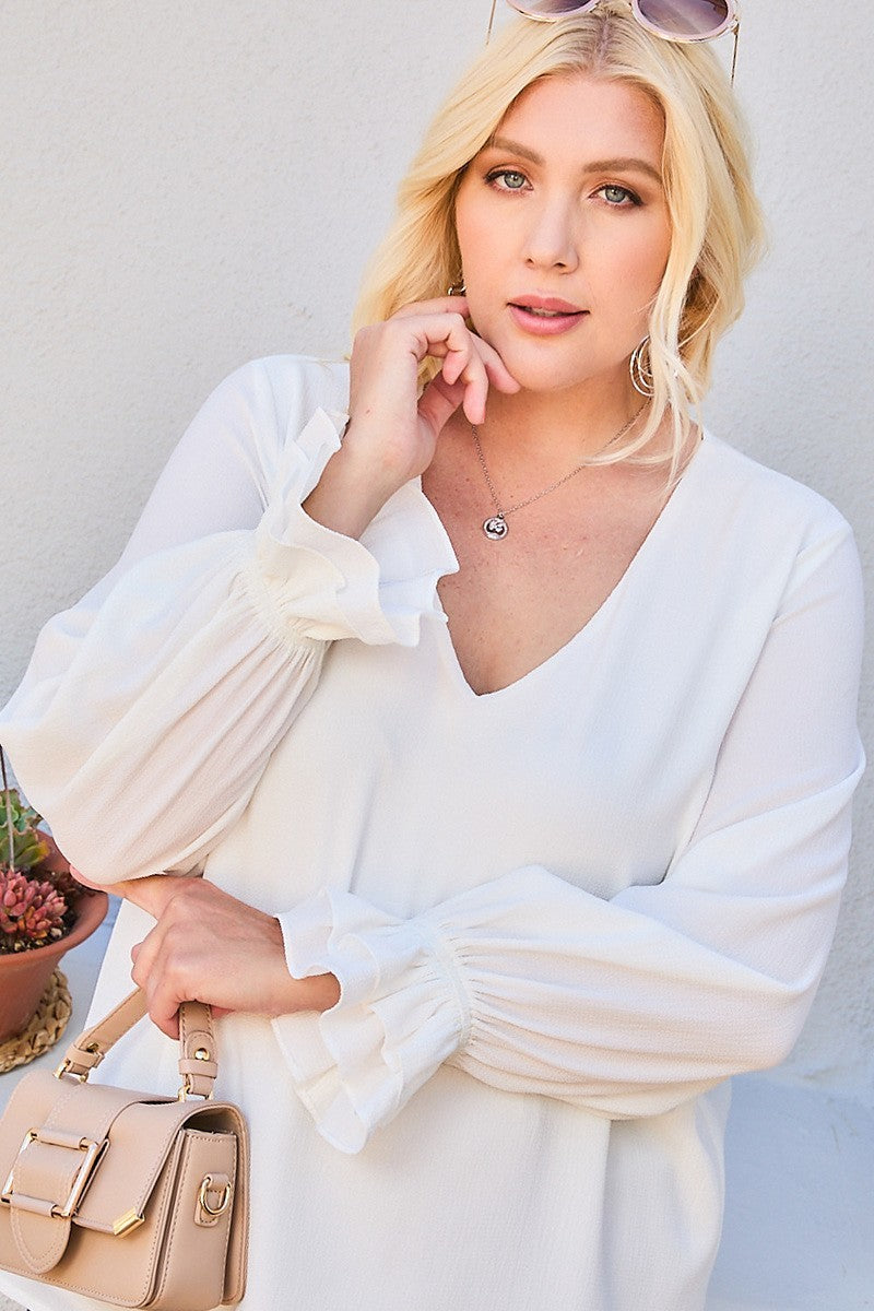 V Neck Tier Ruffle Sleeve Top Plus