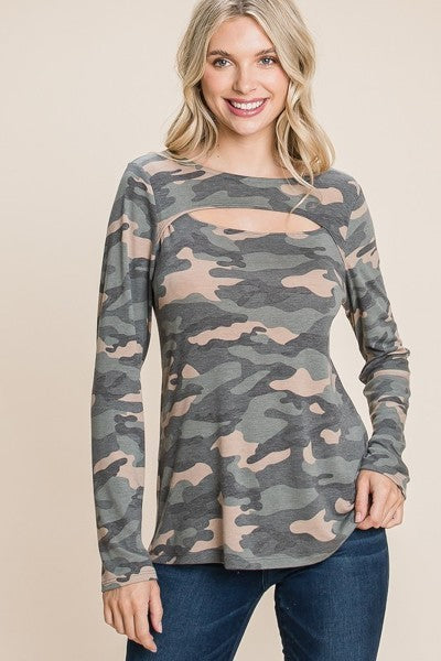 Army Camo Printed Cut Out Neckline Long Sleeves Casual Basic Women Top