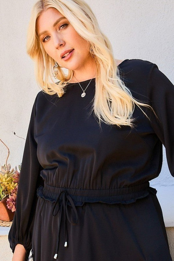 رومبر مكشكش بنقشة الكاروهات بأكمام فقاعية 3/4 ورقبة دائرية