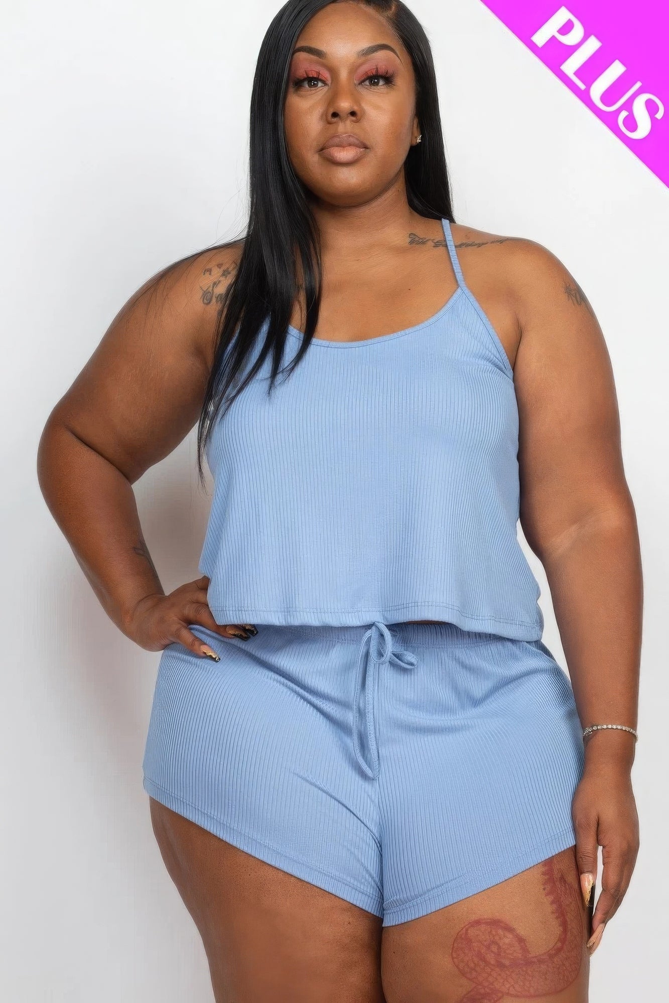 Ribbed Strappy Top And Shorts Set Plus