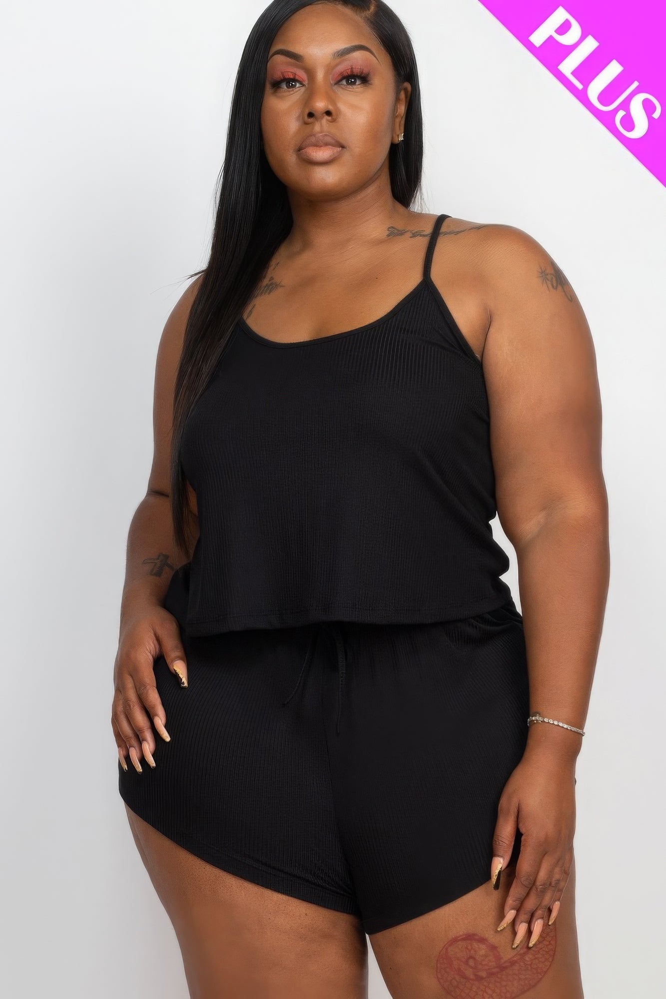 Ribbed Strappy Top And Shorts Set Plus