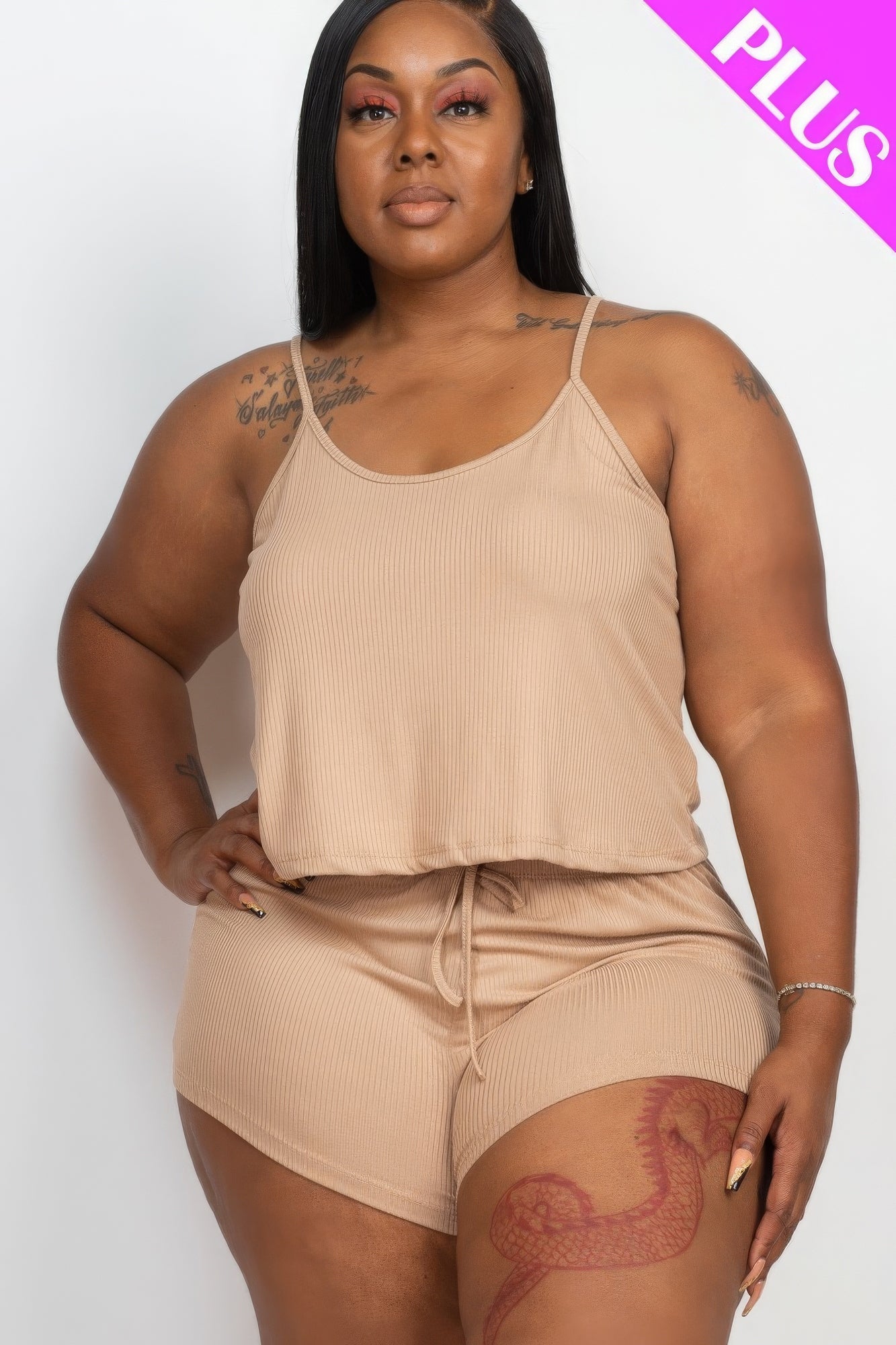 Ribbed Strappy Top And Shorts Set Plus