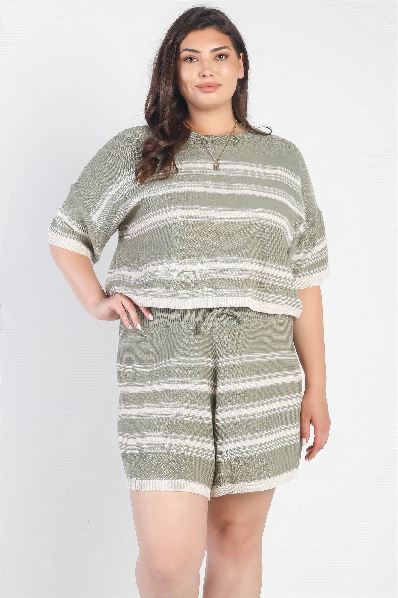 Olive Striped Knit Short Sleeve Crop Top High Waist Shorts Set Plus