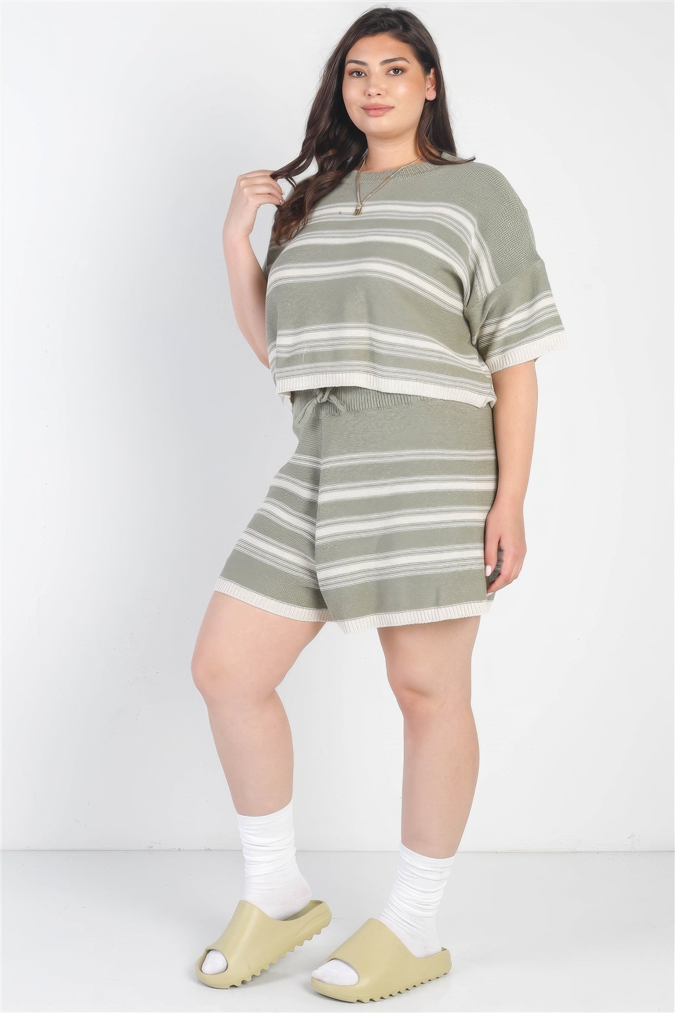 Olive Striped Knit Short Sleeve Crop Top High Waist Shorts Set Plus