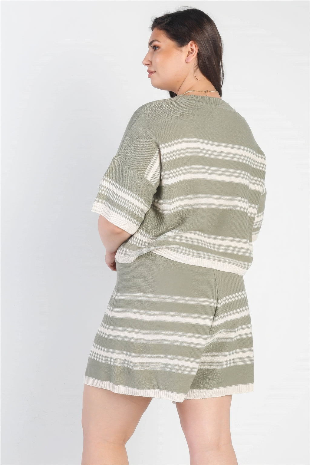 Olive Striped Knit Short Sleeve Crop Top High Waist Shorts Set Plus