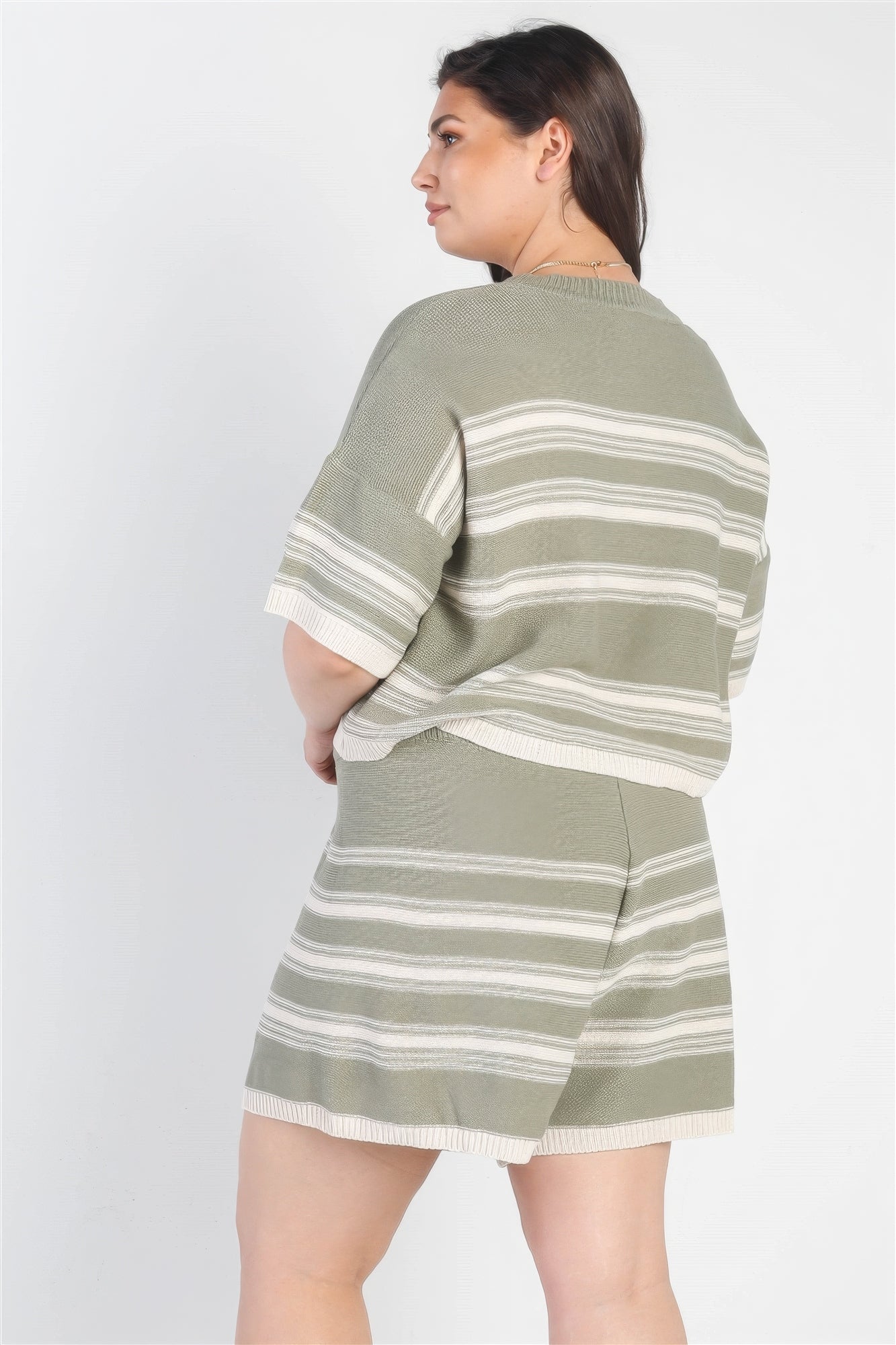 Olive Striped Knit Short Sleeve Crop Top High Waist Shorts Set Plus