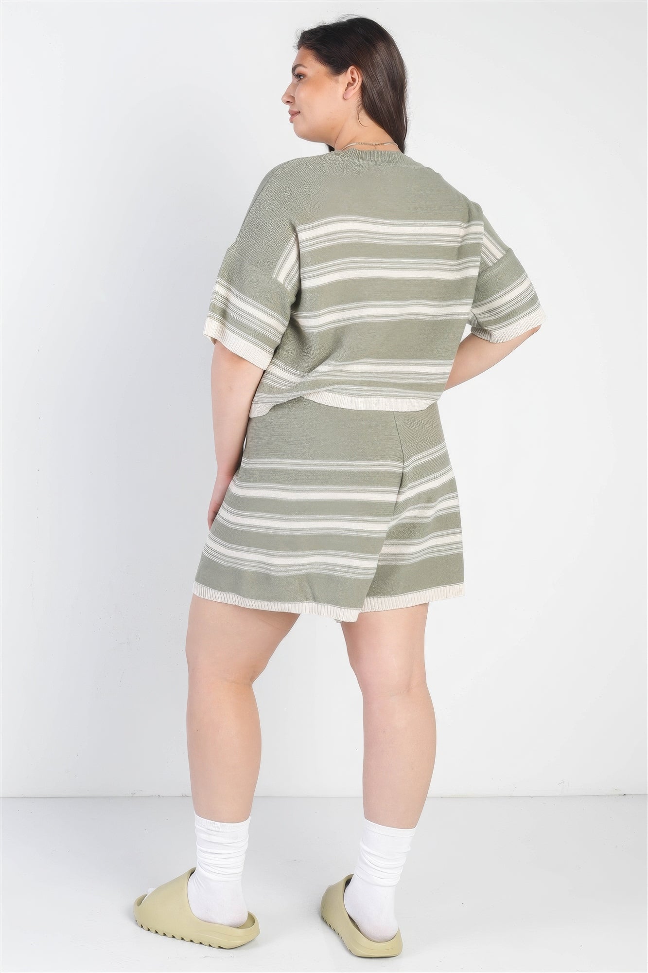 Olive Striped Knit Short Sleeve Crop Top High Waist Shorts Set Plus