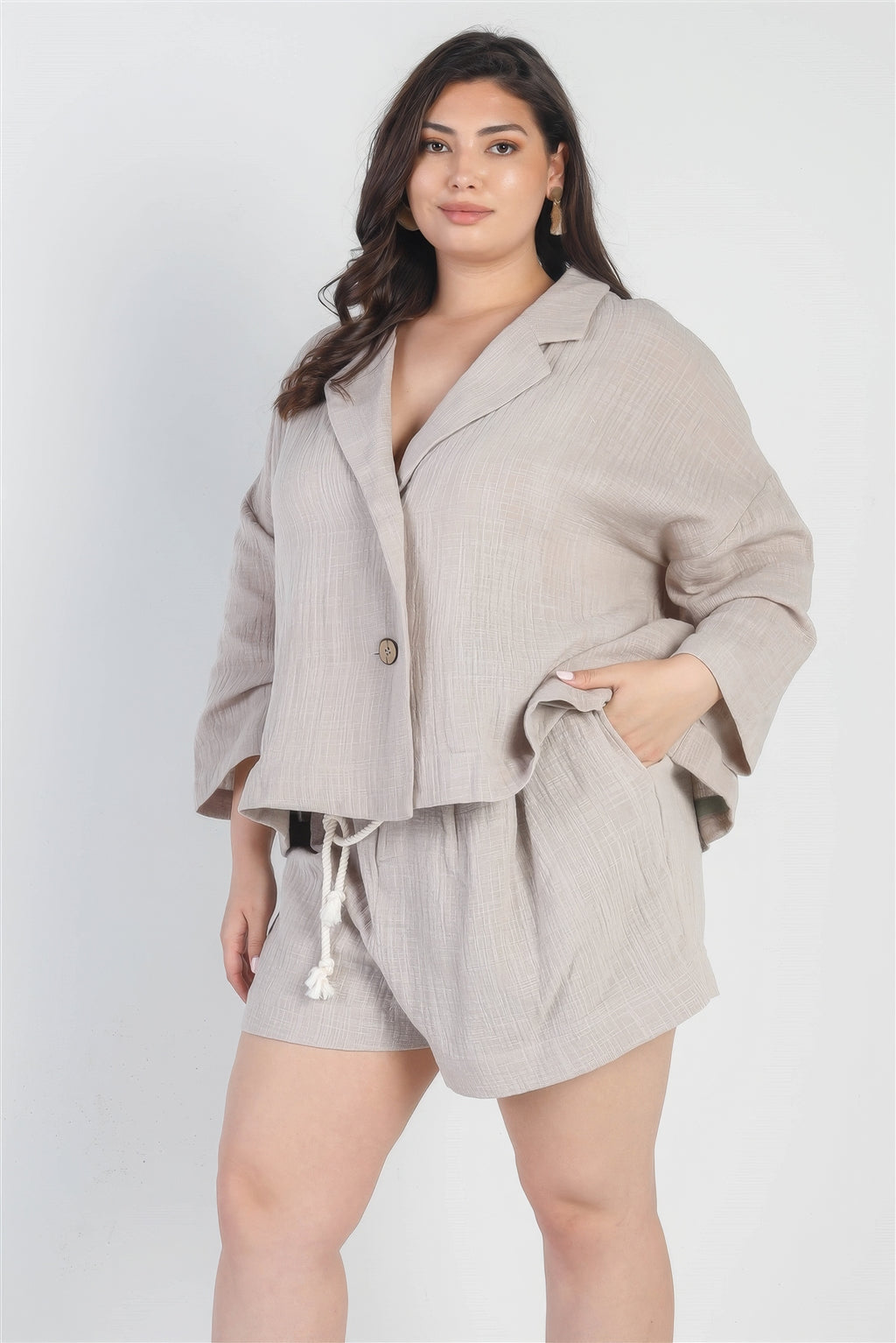 Grey Button-up Collared Neck Blazer High Waist Shorts Set Plus
