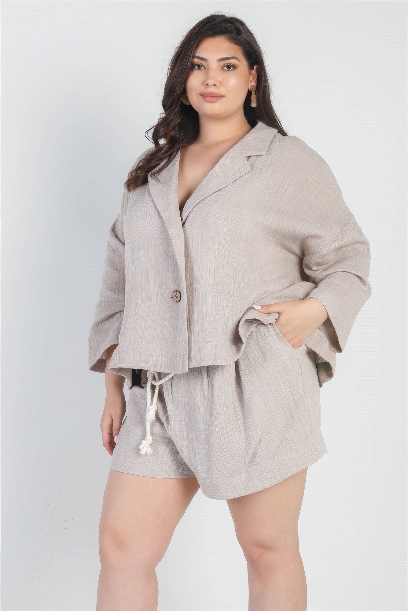Grey Button-up Collared Neck Blazer High Waist Shorts Set Plus