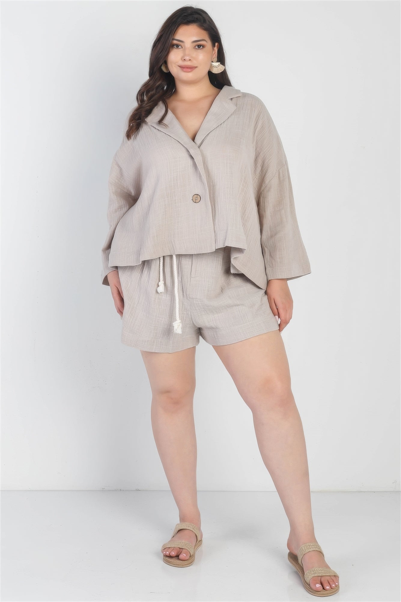 Grey Button-up Collared Neck Blazer High Waist Shorts Set Plus