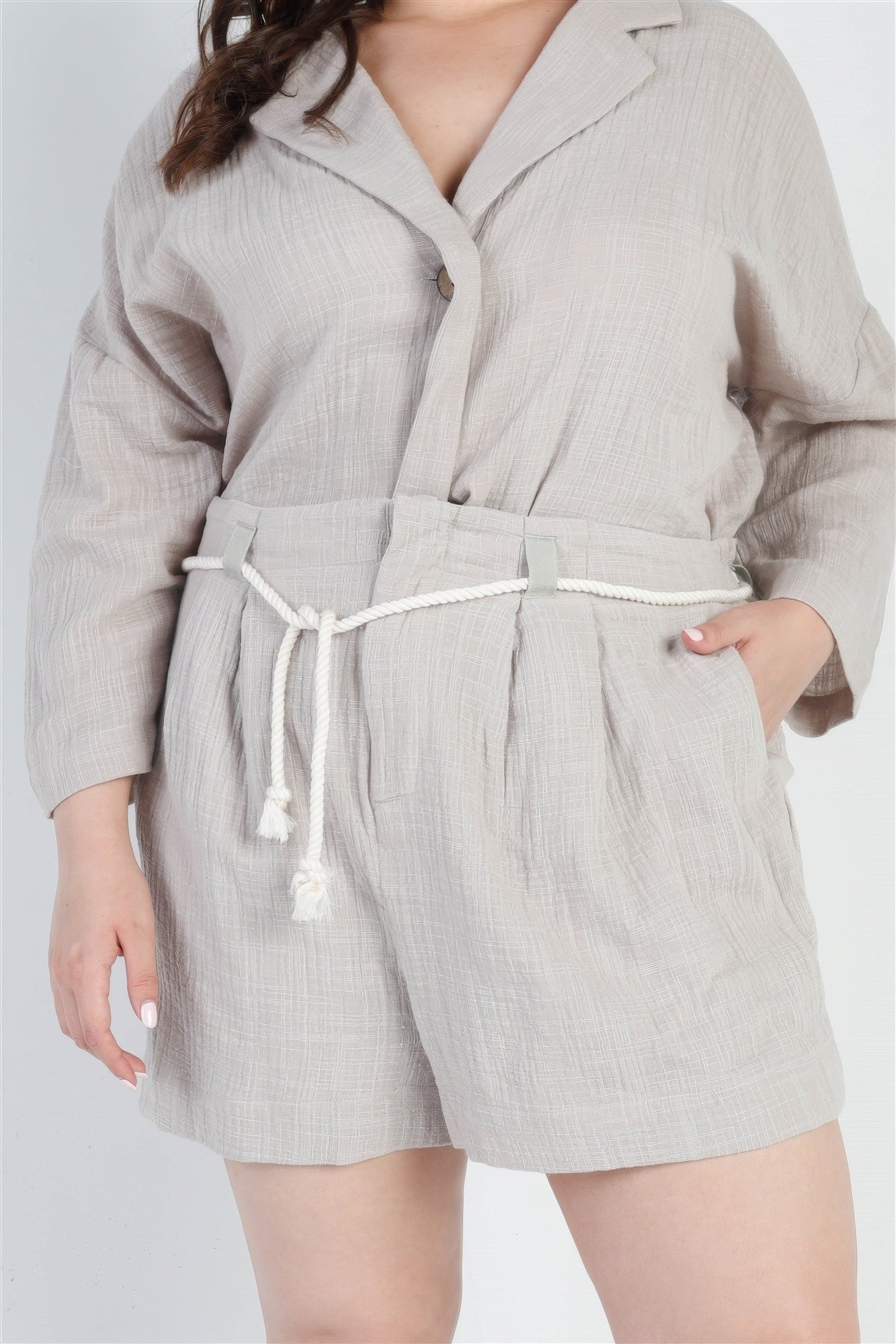 Grey Button-up Collared Neck Blazer High Waist Shorts Set Plus