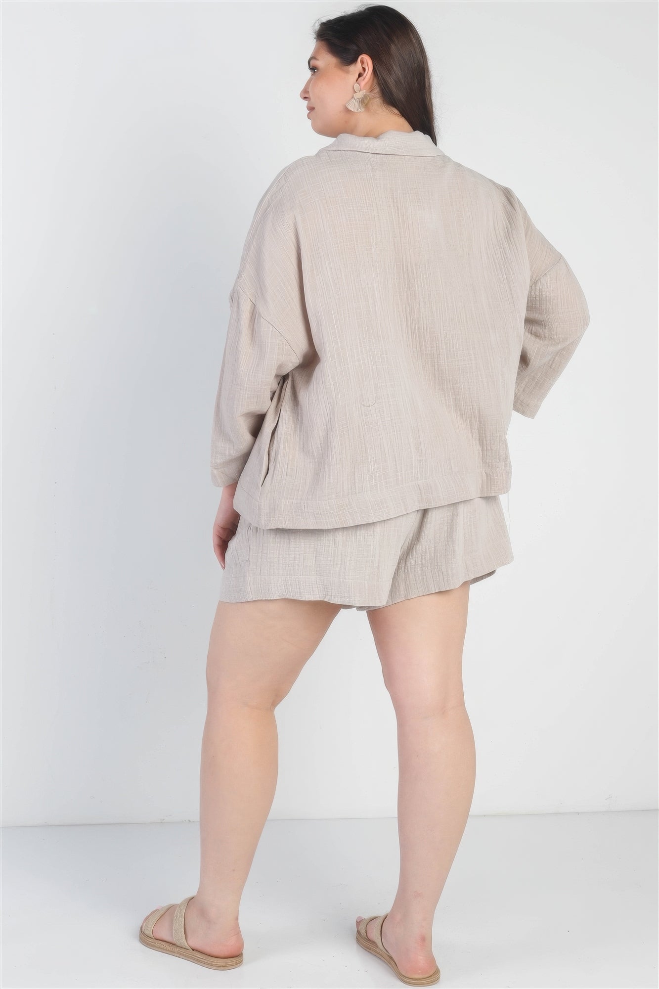 Grey Button-up Collared Neck Blazer High Waist Shorts Set Plus