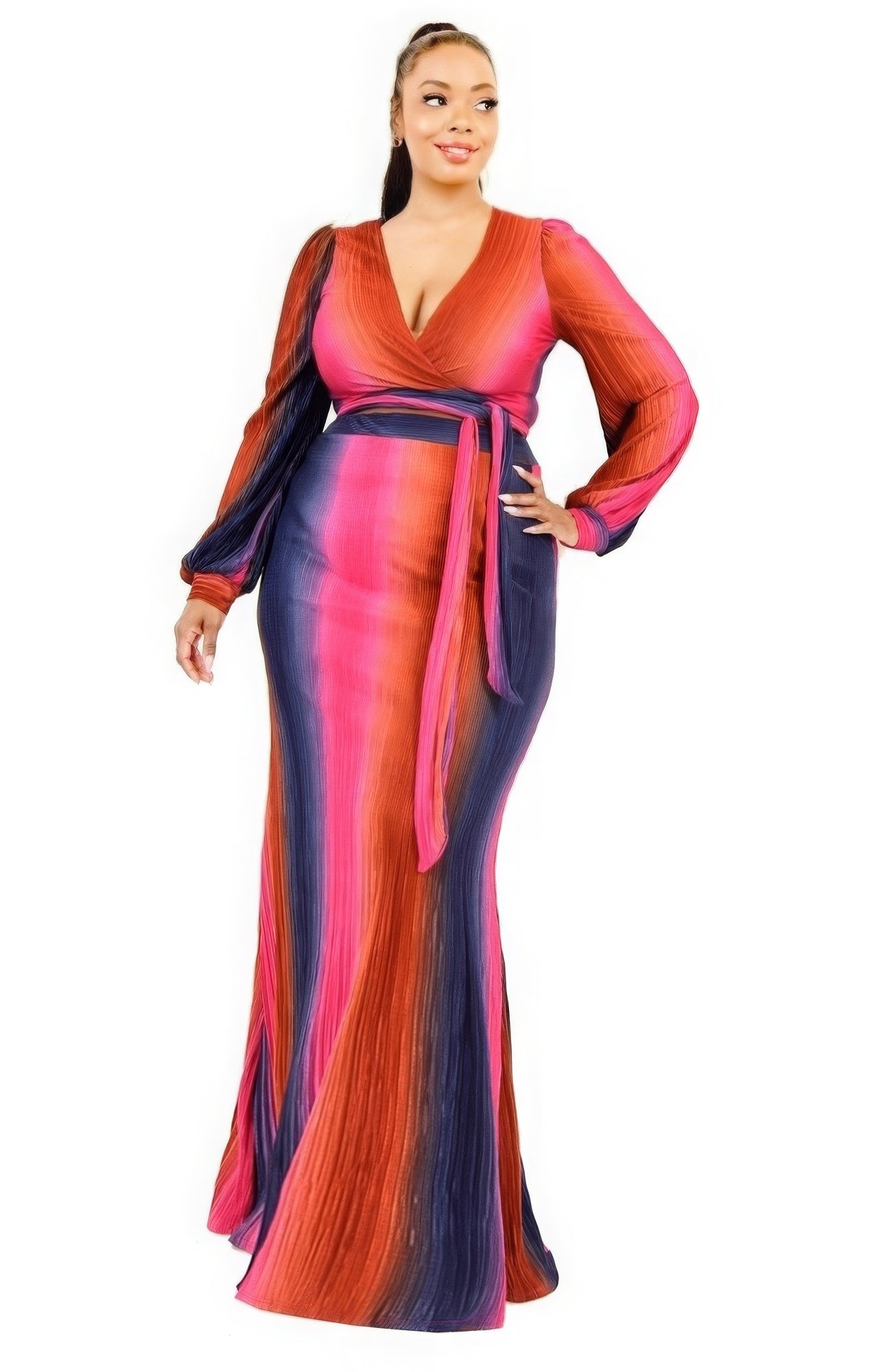 Gradient Stripe 2 Piece Maxi Skirt Set Plus