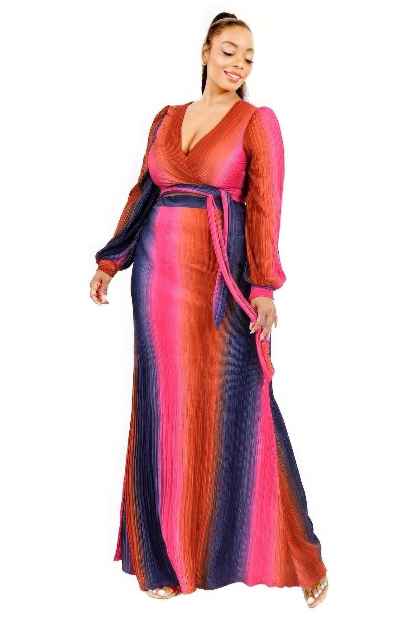 Gradient Stripe 2 Piece Maxi Skirt Set Plus