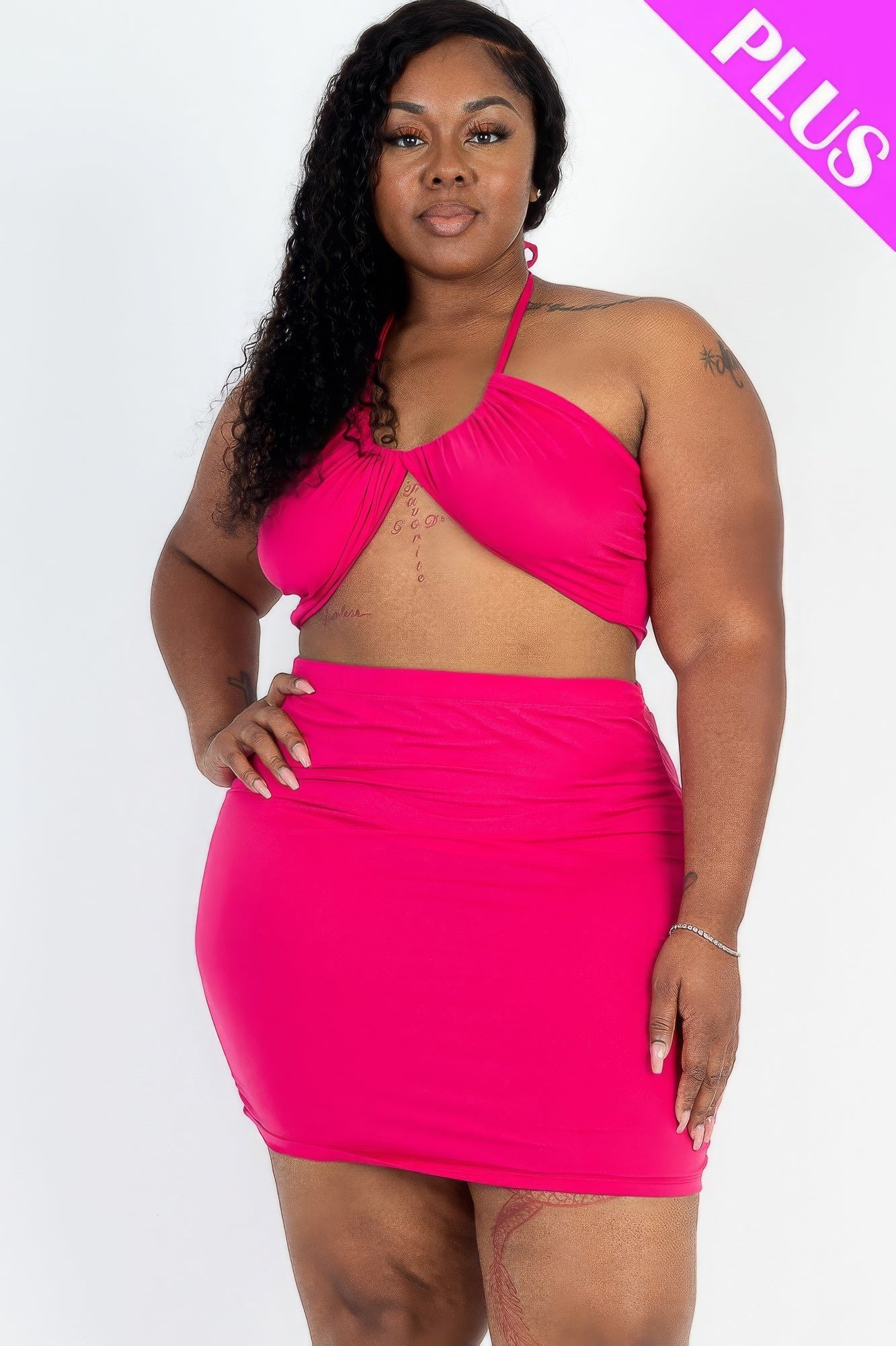 Sexy Solid Crisscross Halter Top & Ruched Mini Skirt Set Plus