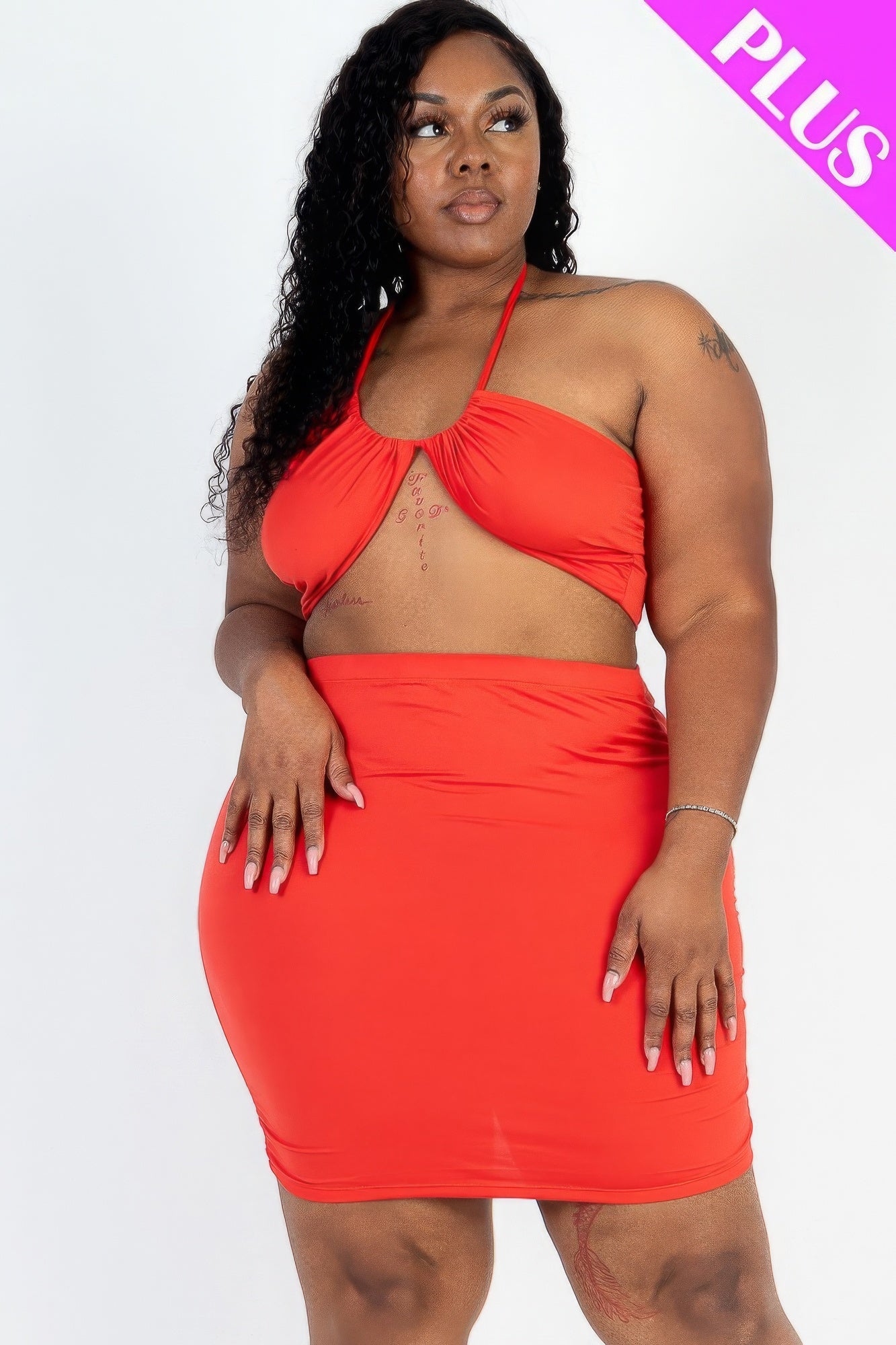 Sexy Solid Crisscross Halter Top & Ruched Mini Skirt Set Plus