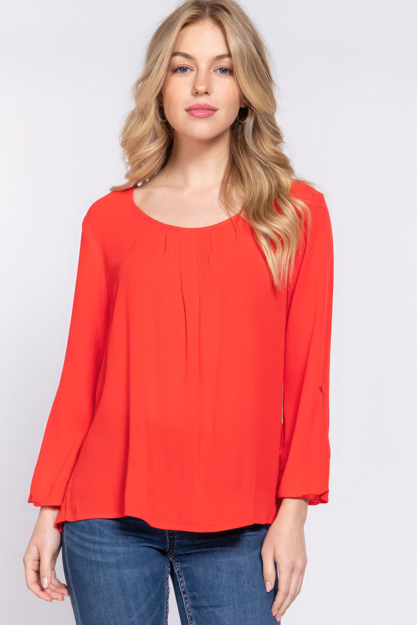 3/4 Roll Up Slv Pleated Women Blouse