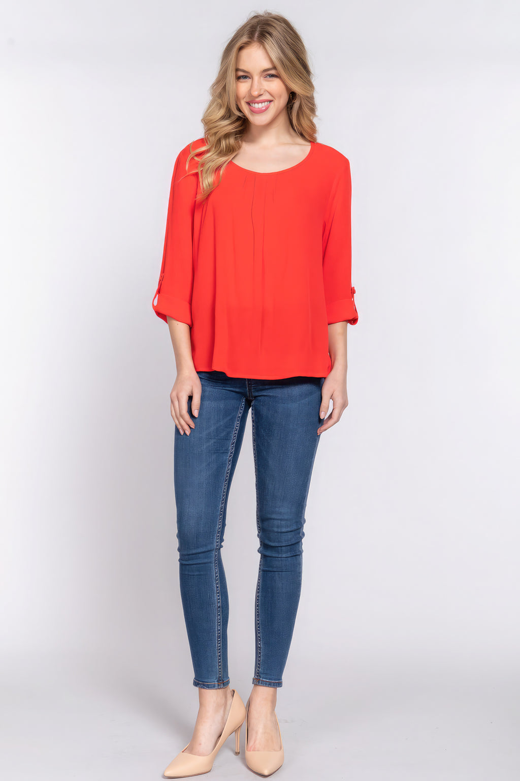 3/4 Roll Up Slv Pleated Women Blouse