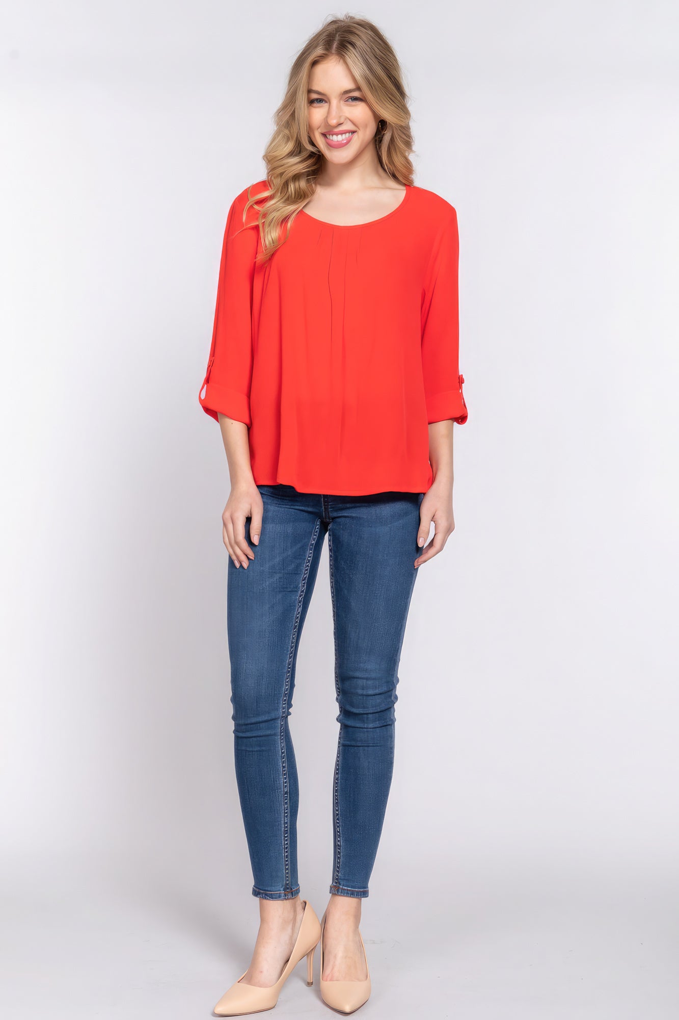 3/4 Roll Up Slv Pleated Women Blouse