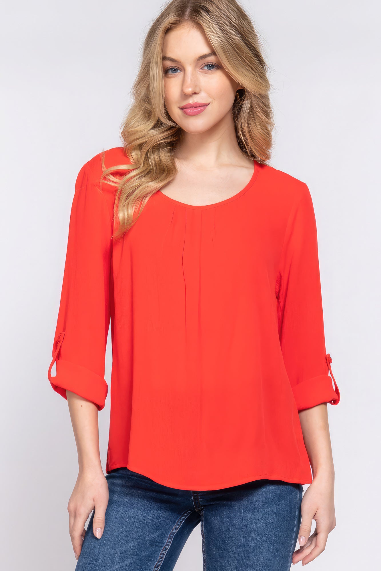 3/4 Roll Up Slv Pleated Women Blouse