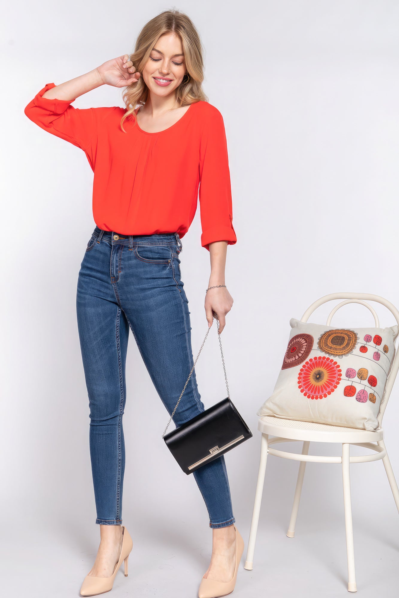 3/4 Roll Up Slv Pleated Women Blouse