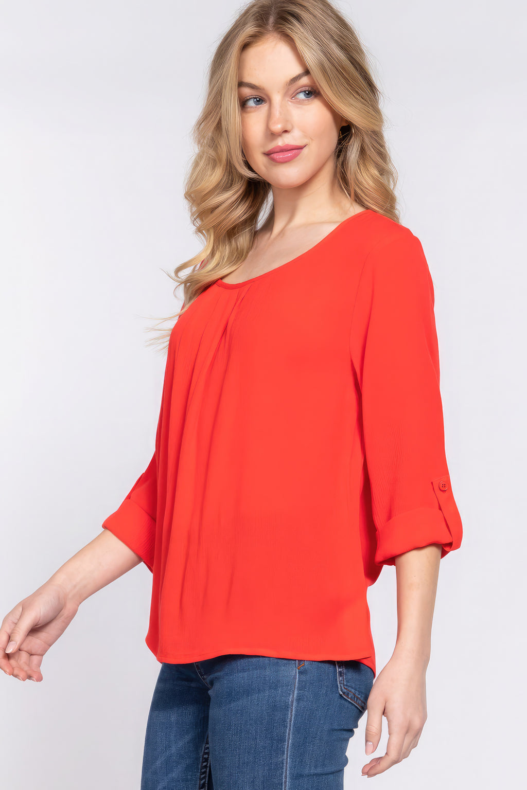 3/4 Roll Up Slv Pleated Women Blouse