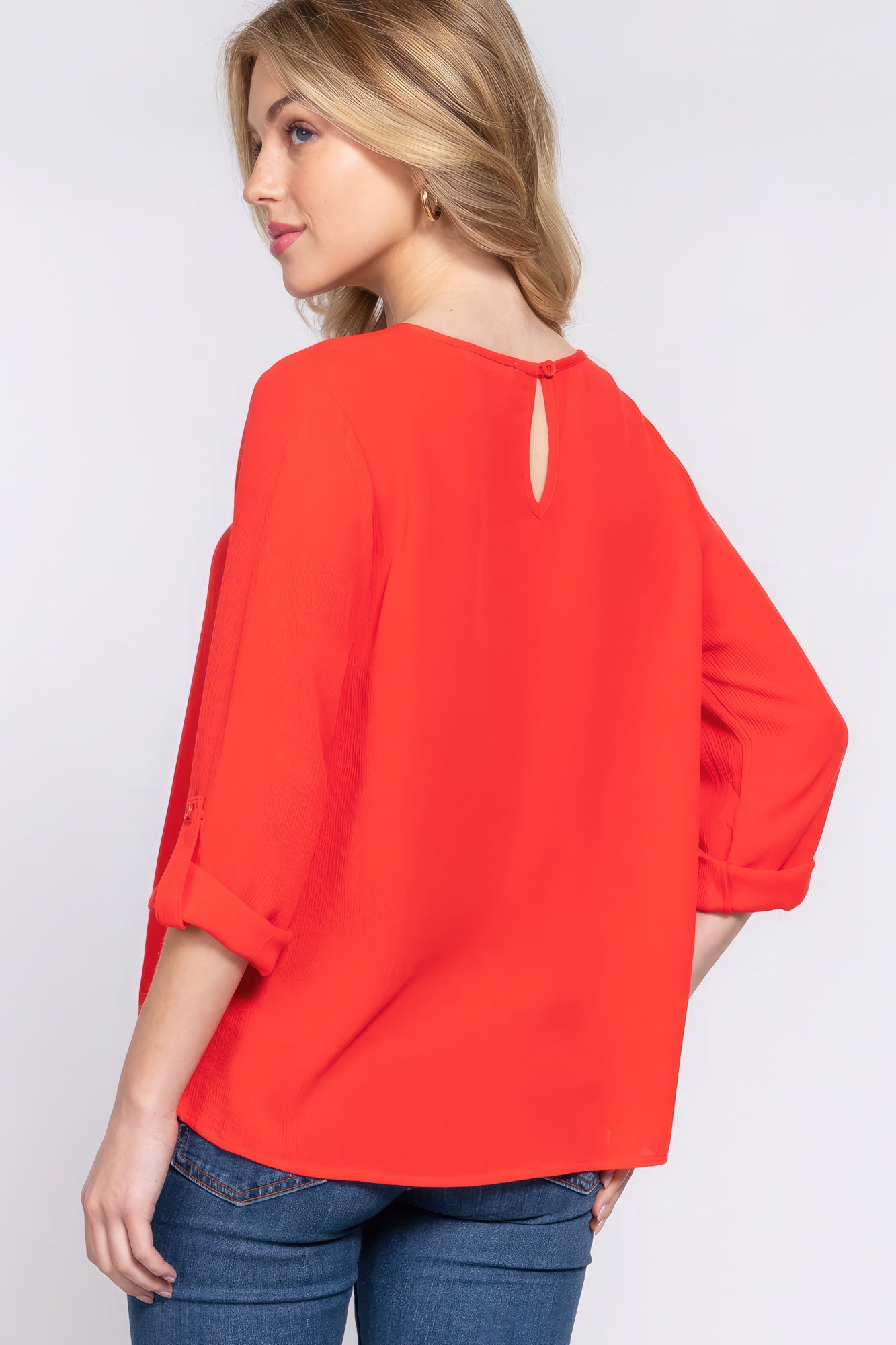 3/4 Roll Up Slv Pleated Women Blouse