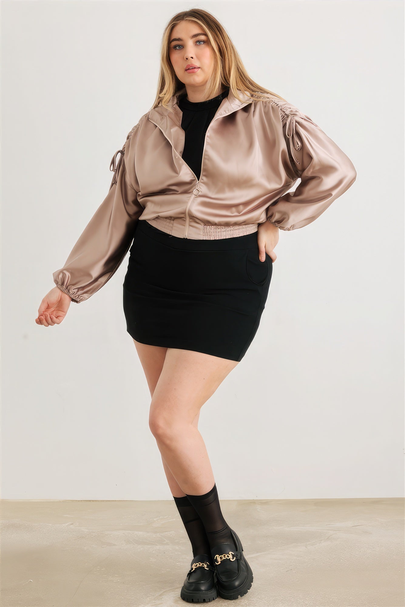 Satin Zip-up Ruched Long Sleeve Cropped Bomber Jacket Plus