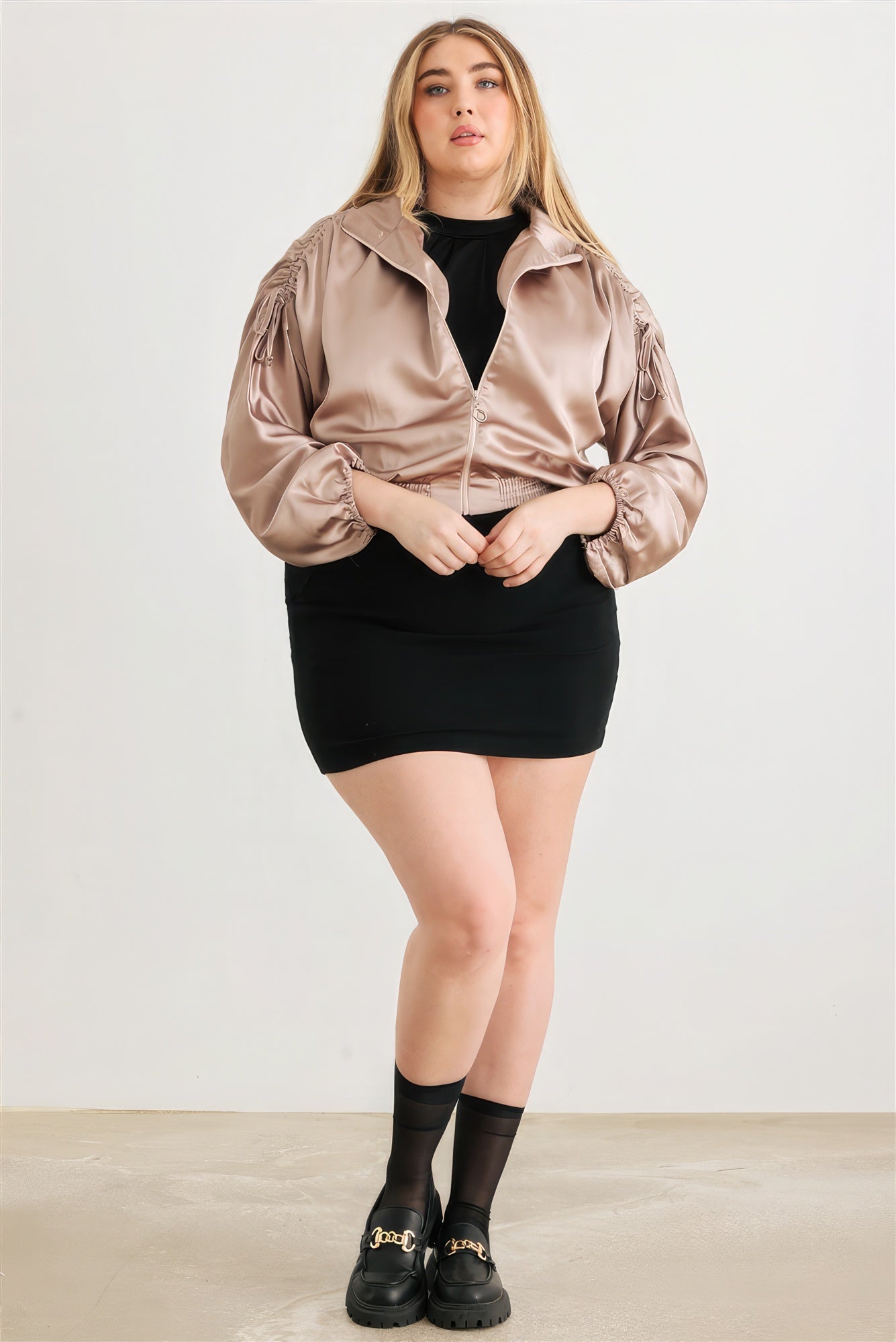 Satin Zip-up Ruched Long Sleeve Cropped Bomber Jacket Plus