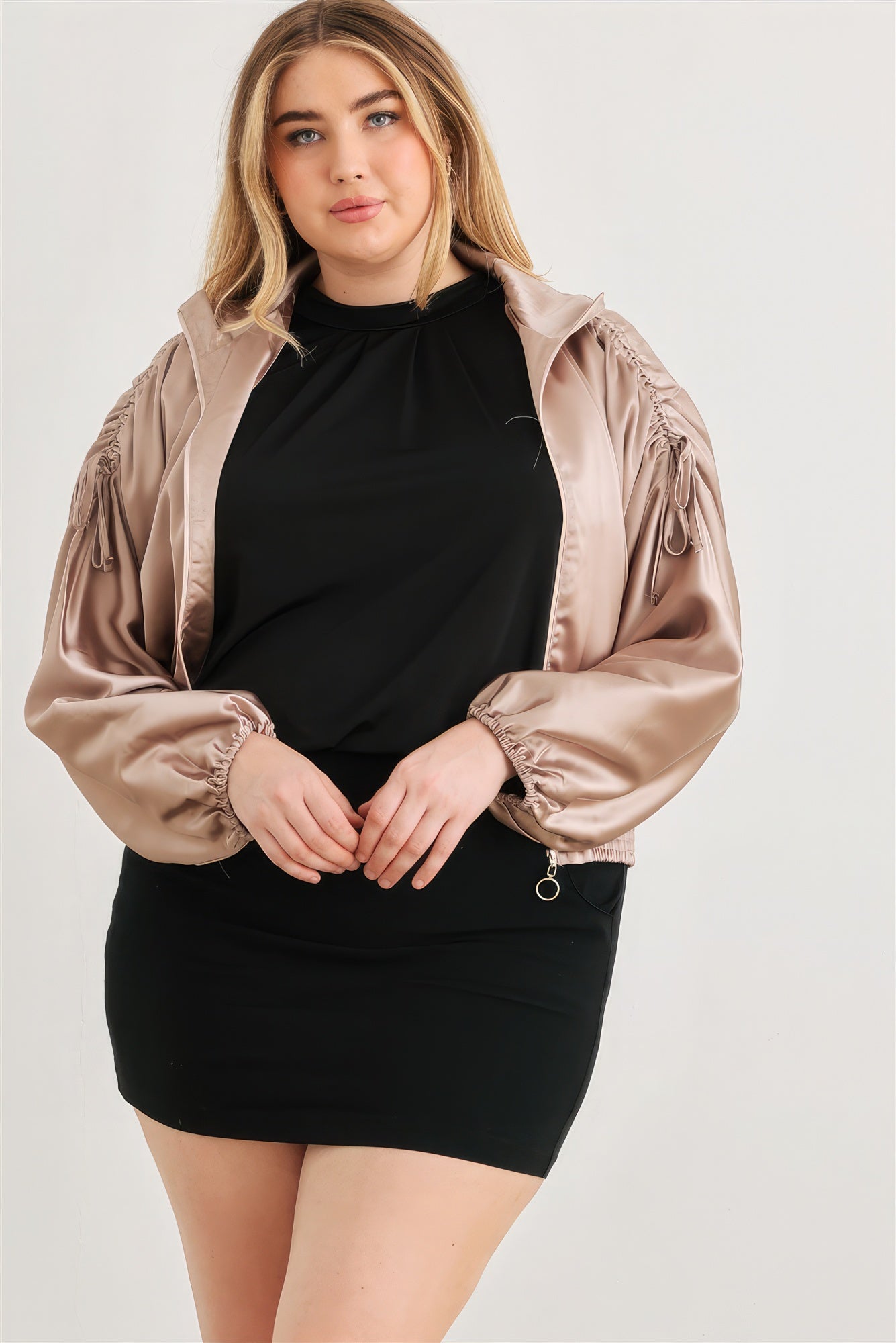 Satin Zip-up Ruched Long Sleeve Cropped Bomber Jacket Plus