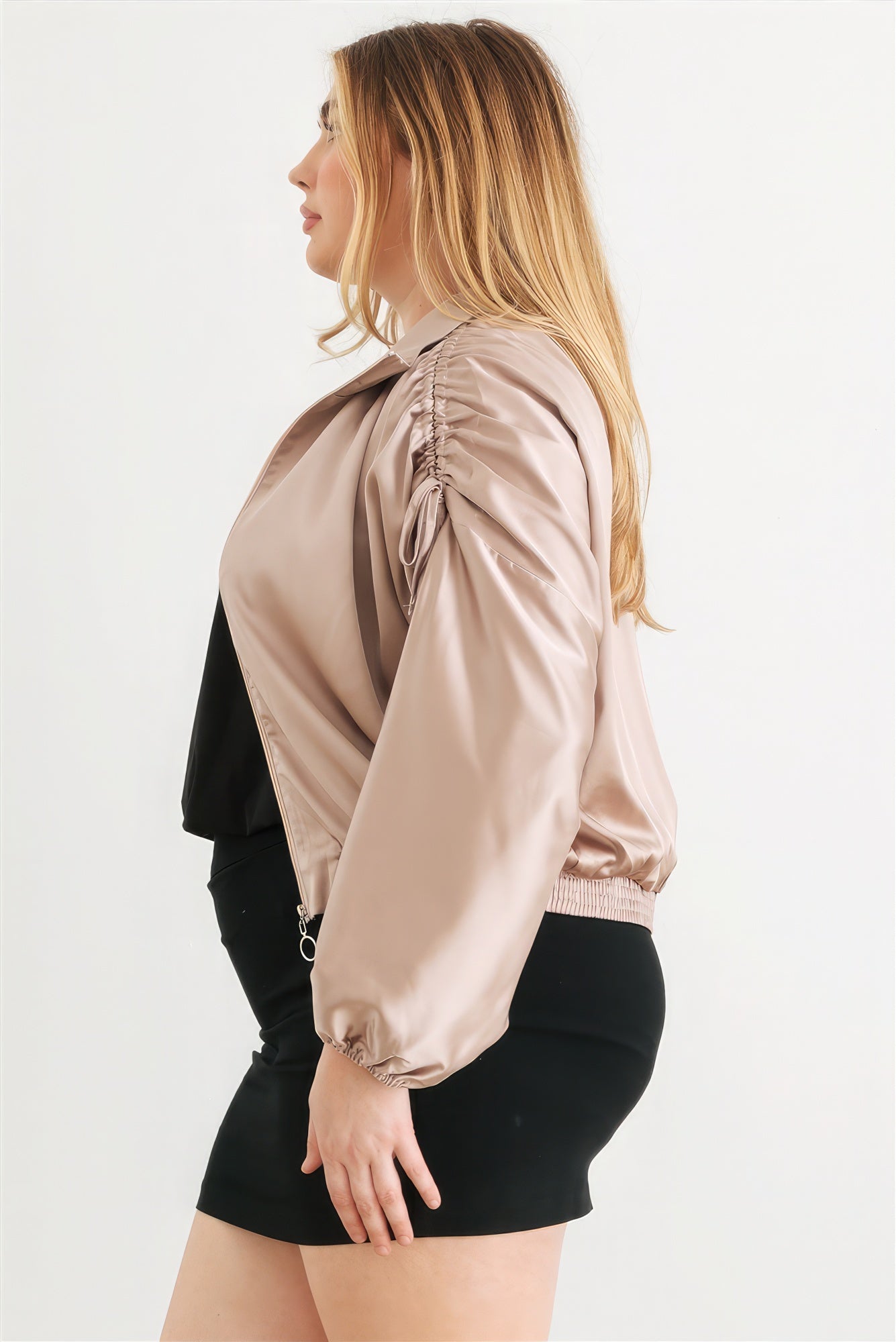 Satin Zip-up Ruched Long Sleeve Cropped Bomber Jacket Plus
