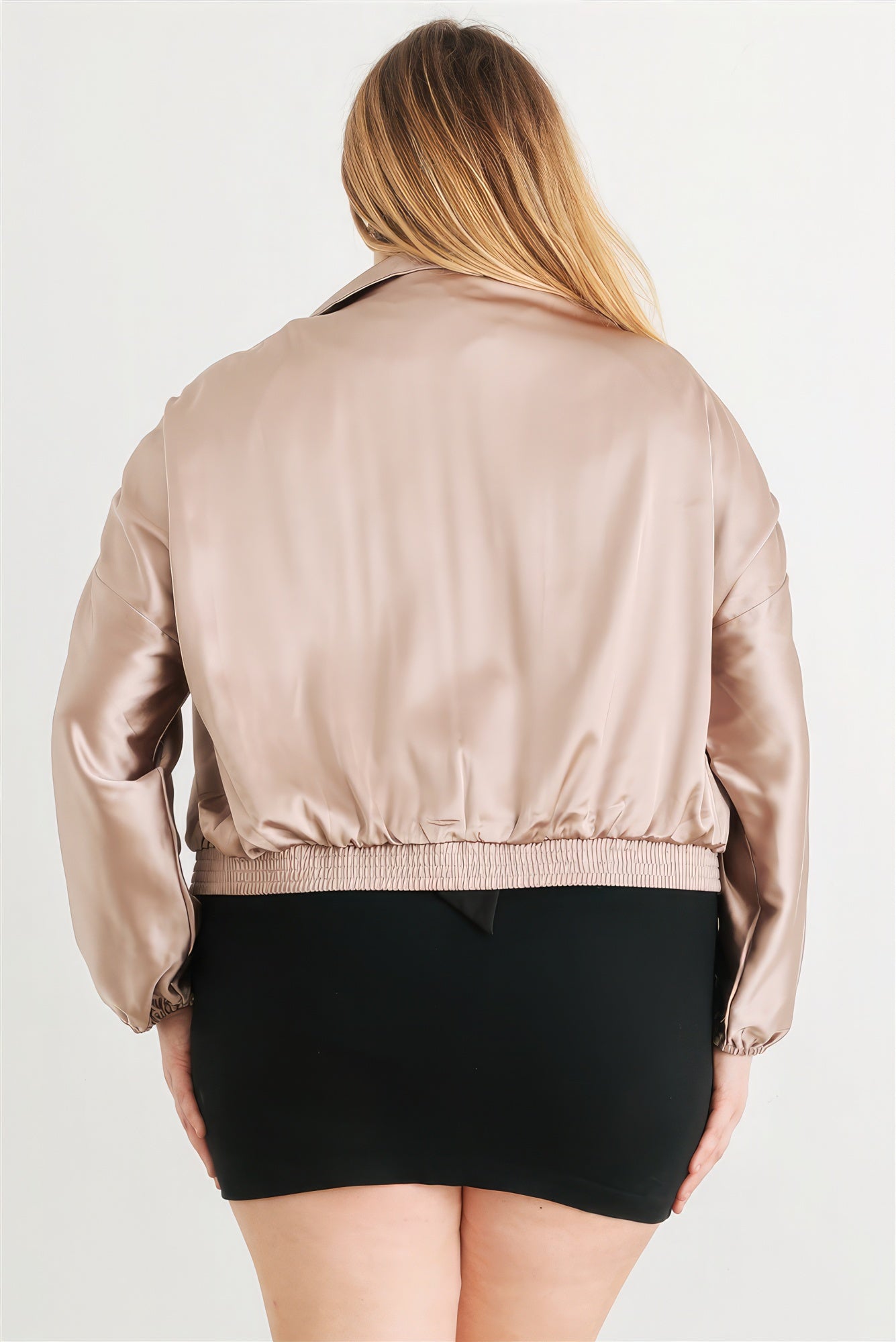 Satin Zip-up Ruched Long Sleeve Cropped Bomber Jacket Plus