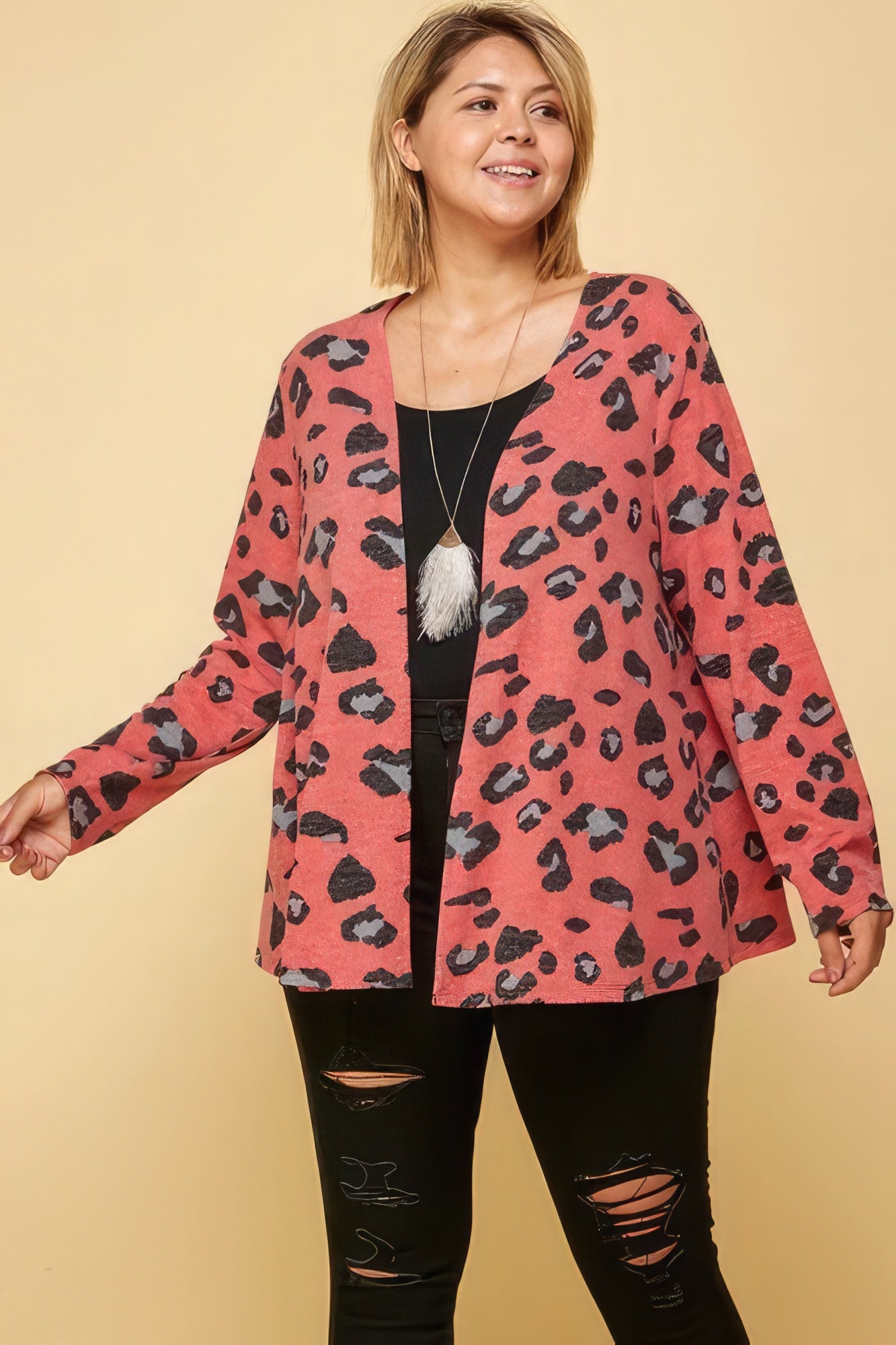 Animal Printed Open Front Cropped Women Plus Cardigan