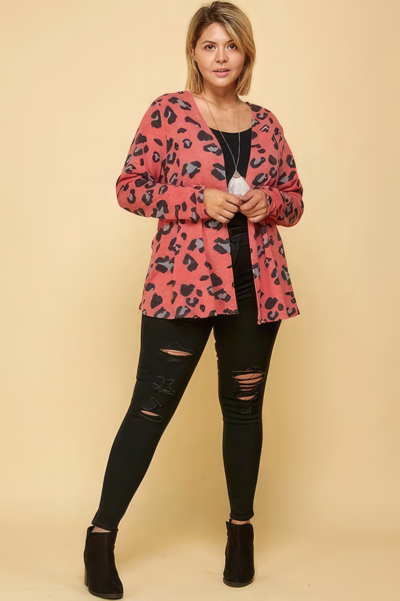 Animal Printed Open Front Cropped Women Plus Cardigan