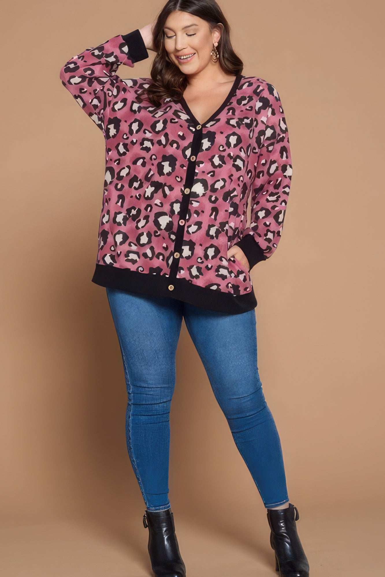 Cozy Animal Mir Print With Brush Button Up Cardigan Plus