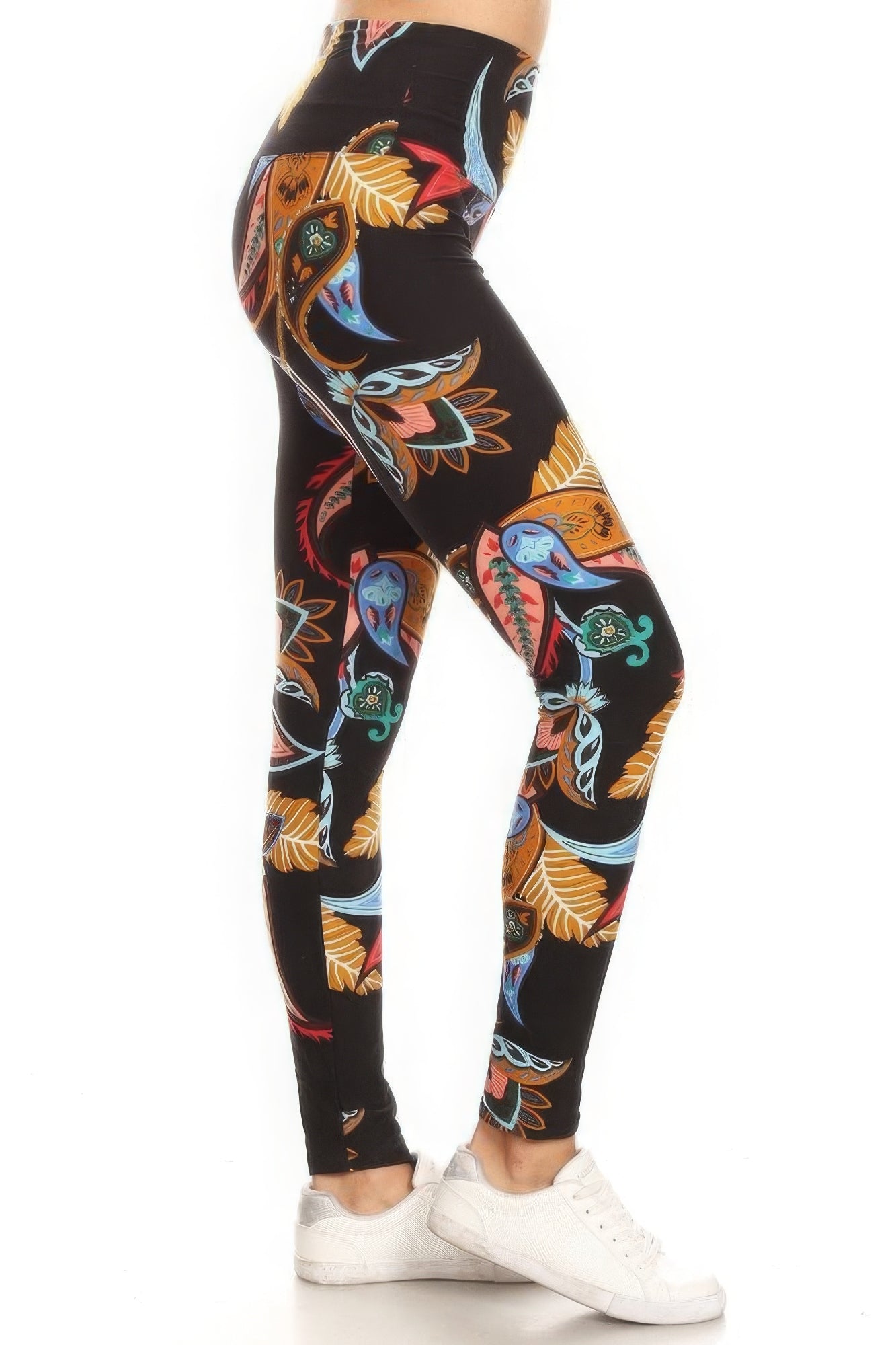 5-inch Long Yoga Style Banded Lined Paisley Floral Printed Knit Women Legging With High Waist