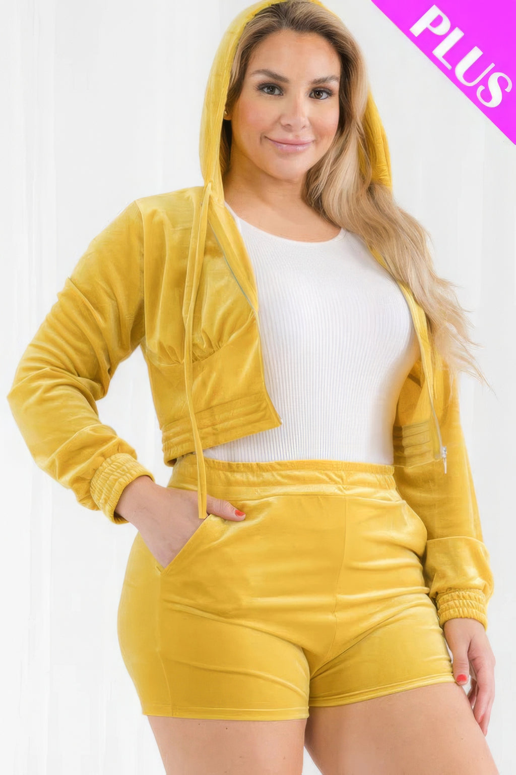 Velour Crop Zip Up Hoodie And Shorts Set Plus