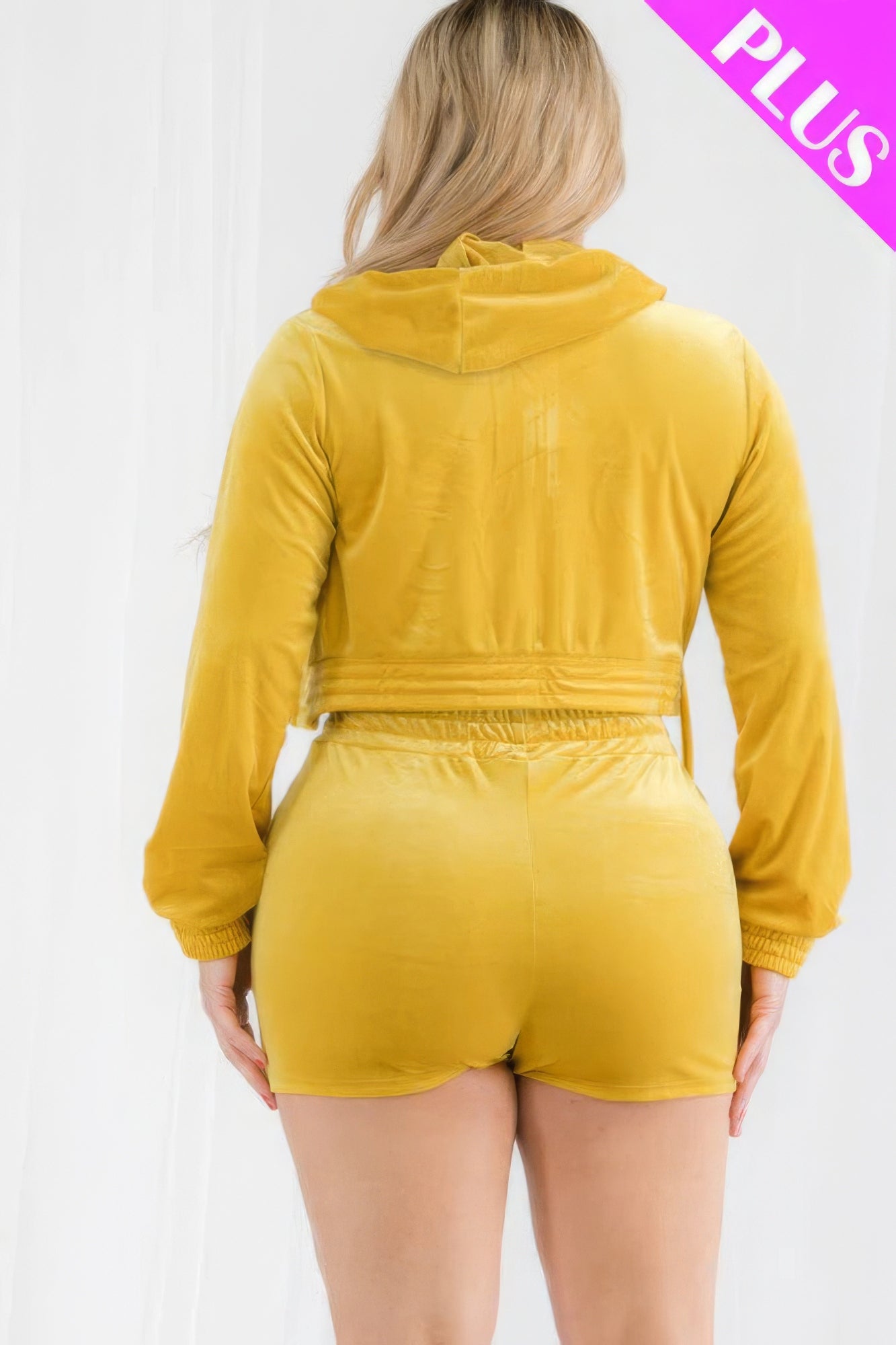 Velour Crop Zip Up Hoodie And Shorts Set Plus
