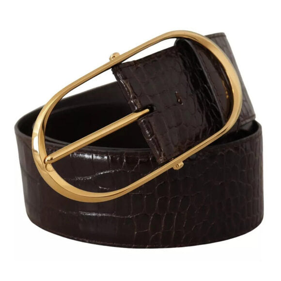 Dolce & Gabbana Brown Crocodile Pattern Leather Gold Oval Buckle Belt